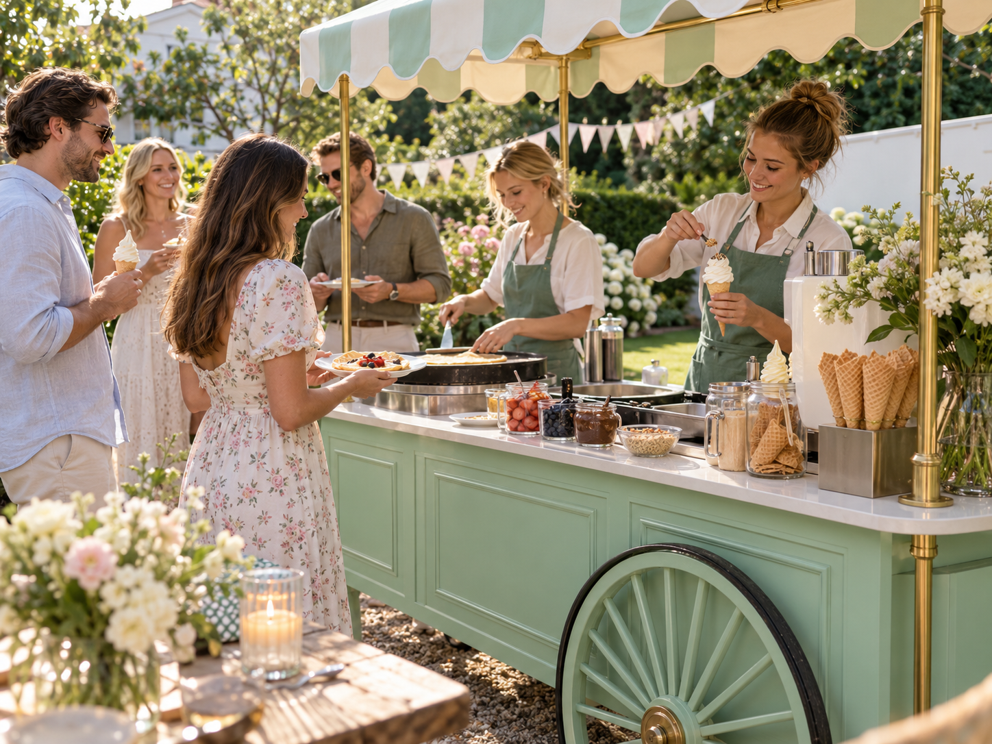 Stemningsbillede af dessertservering ved en privat havefest